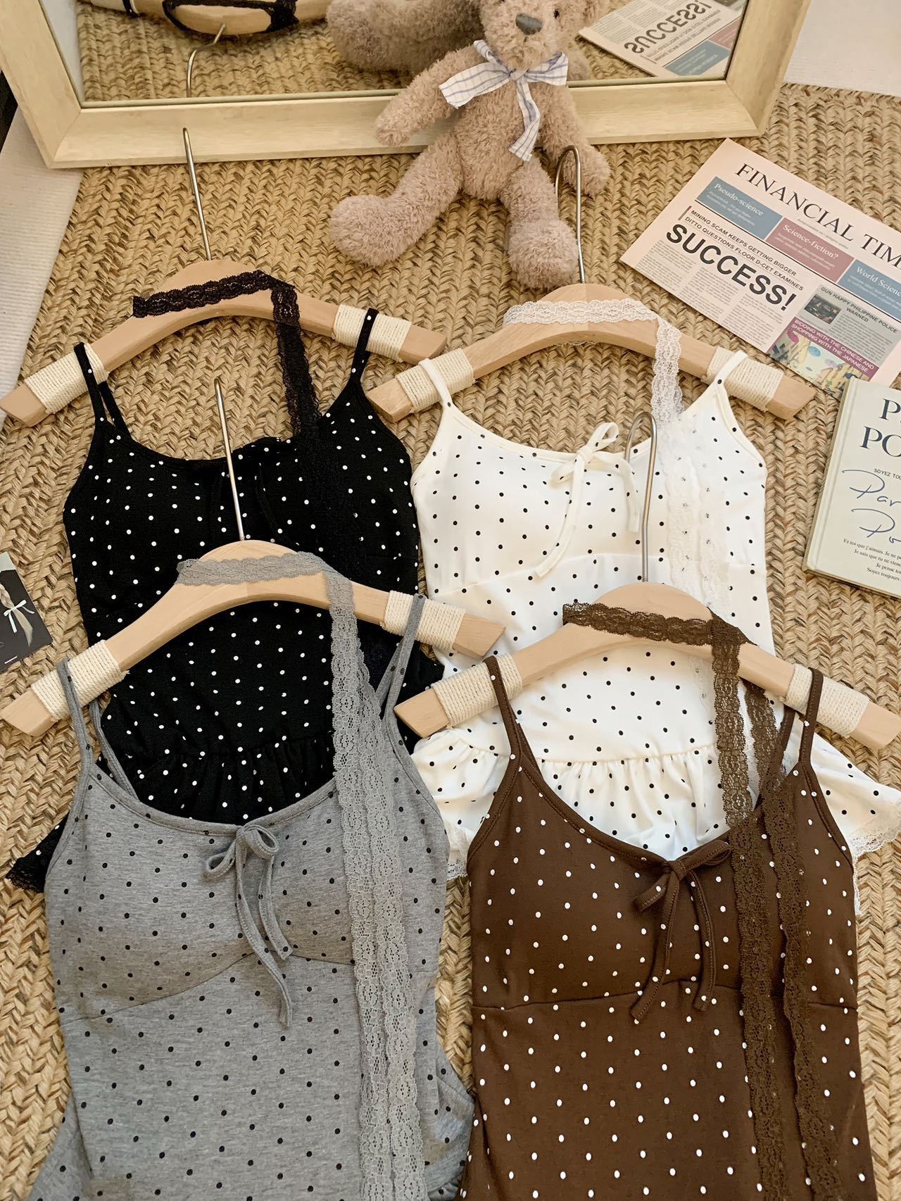 Polka Dot Lace Cami Top with Built-in Bra