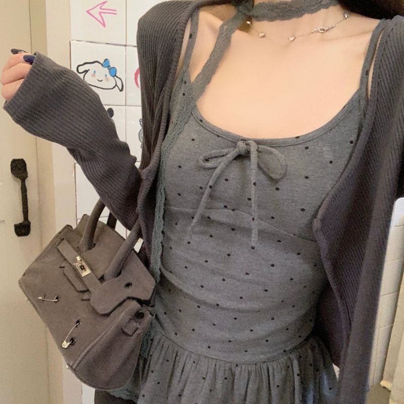 Polka Dot Lace Cami Top with Built-in Bra