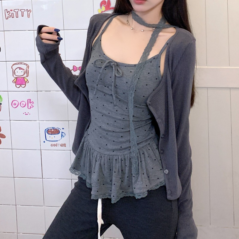 Polka Dot Lace Cami Top with Built-in Bra
