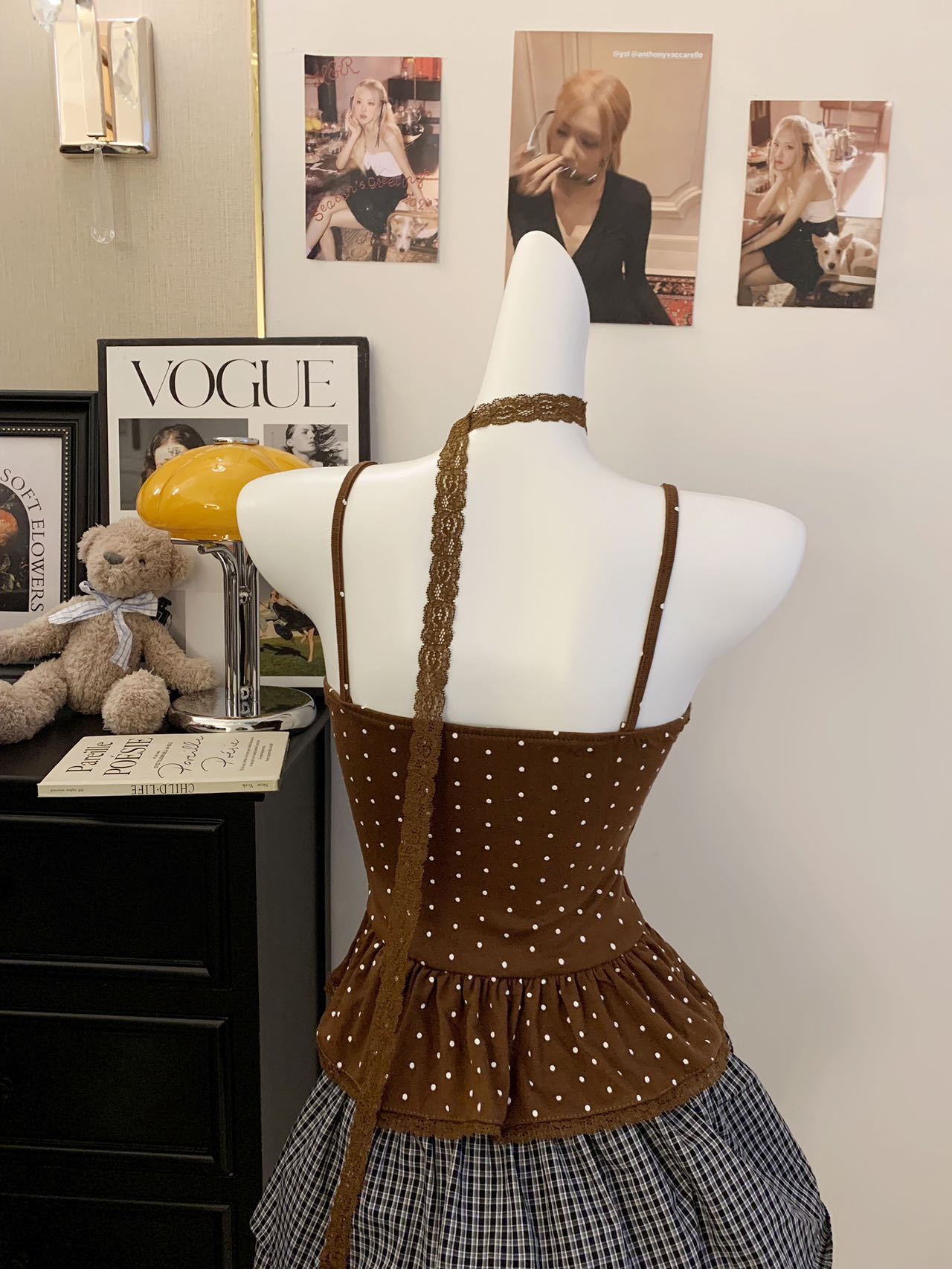 Polka Dot Lace Cami Top with Built-in Bra