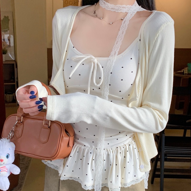 Polka Dot Lace Cami Top with Built-in Bra