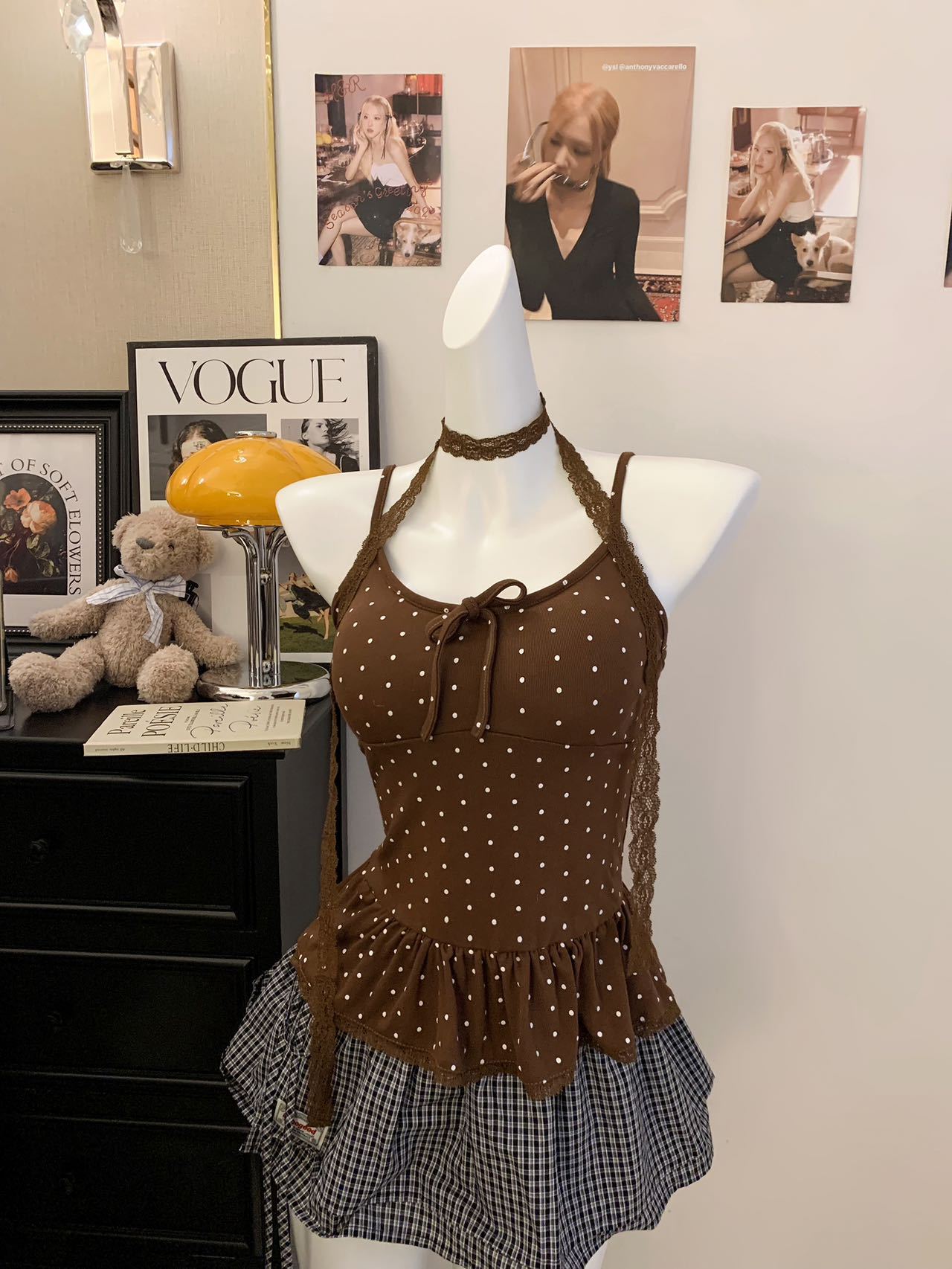 Polka Dot Lace Cami Top with Built-in Bra