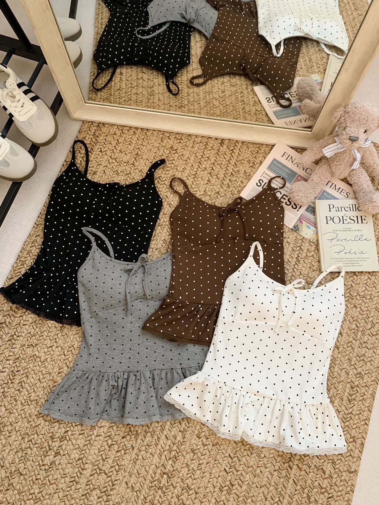 Polka Dot Lace Cami Top with Built-in Bra