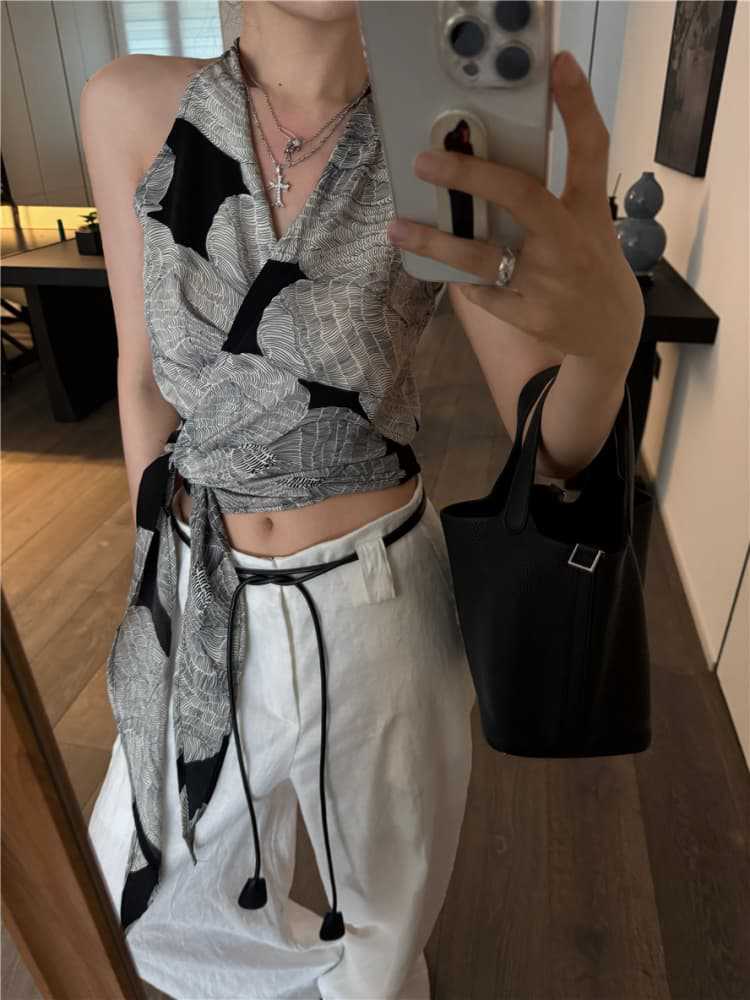 Vintage Print Halter Crop Top