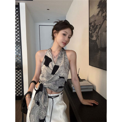 Vintage Print Halter Crop Top
