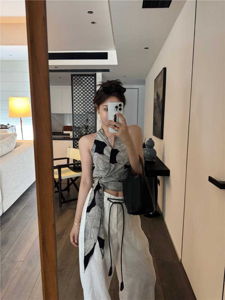 Vintage Print Halter Crop Top