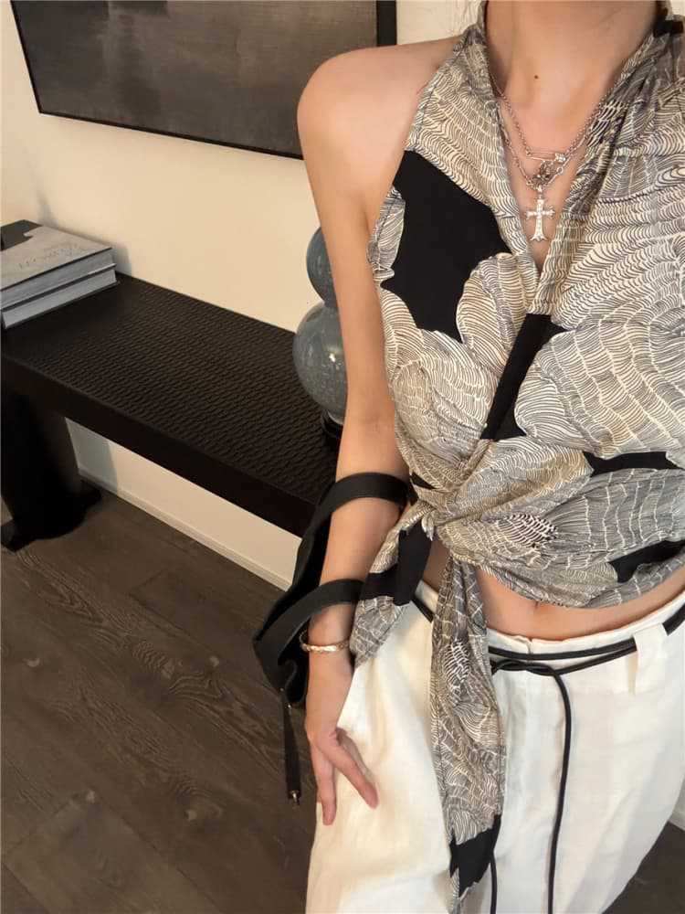 Vintage Print Halter Crop Top