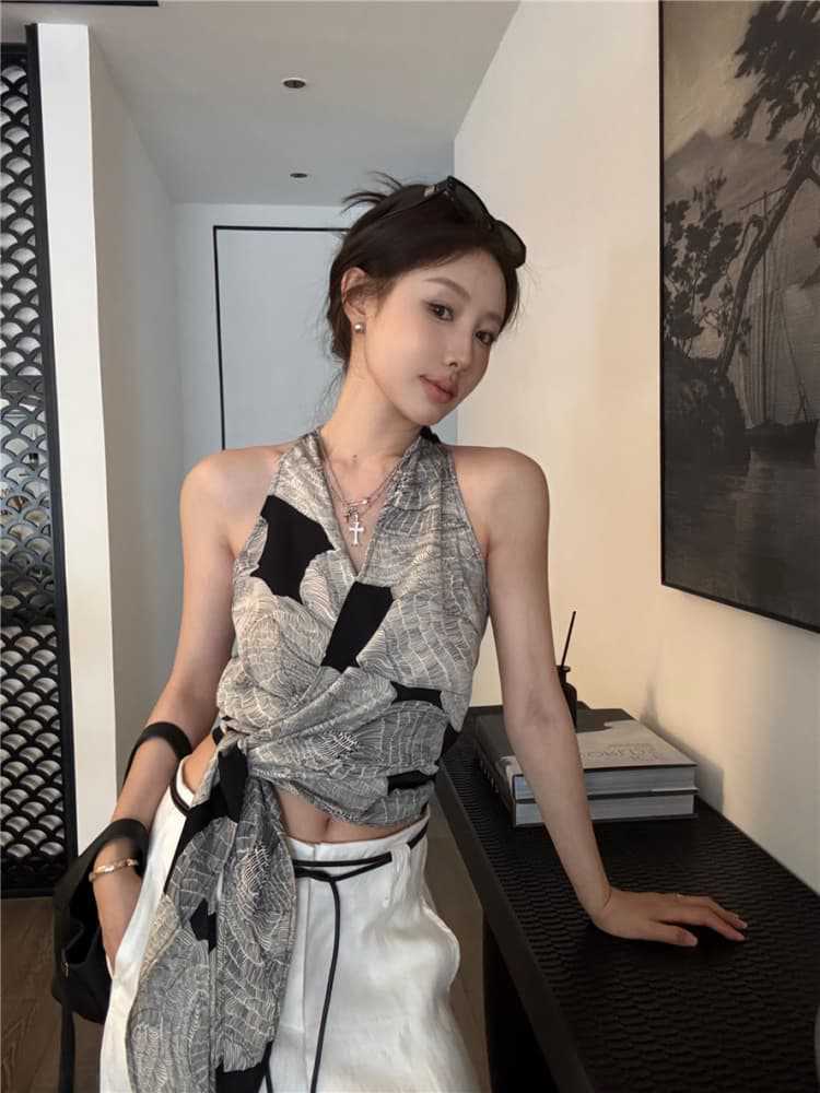 Vintage Print Halter Crop Top