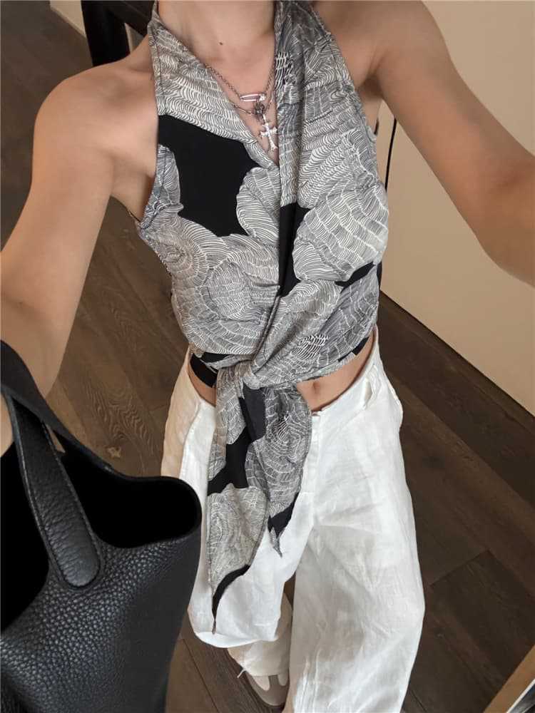 Vintage Print Halter Crop Top