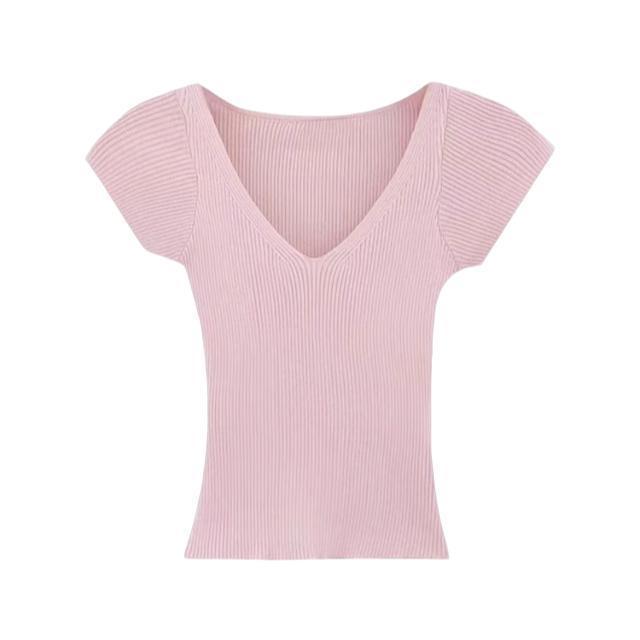 French Fitted V-Neck Knit Top