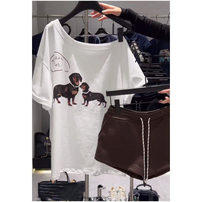 Off-shoulder Dachshund Print 2-Piece Set