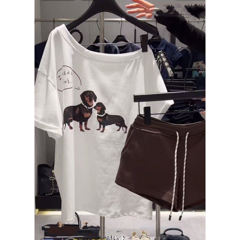 Off-shoulder Dachshund Print 2-Piece Set