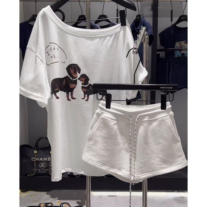Off-shoulder Dachshund Print 2-Piece Set