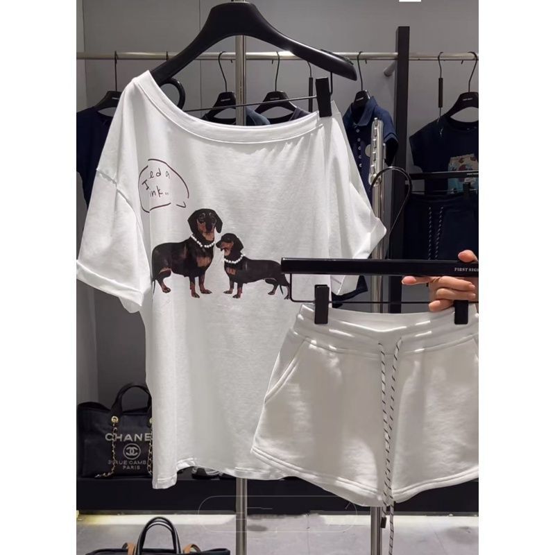 Off-shoulder Dachshund Print 2-Piece Set