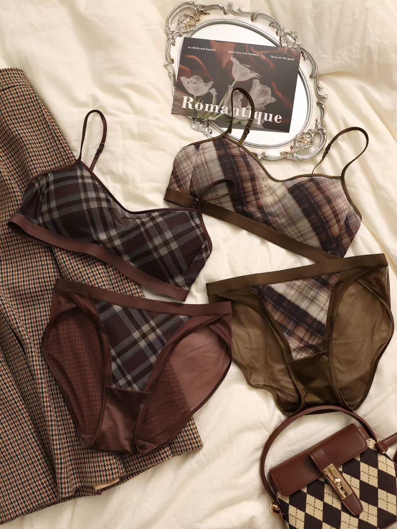 French Retro Diamond Mesh Bra Set