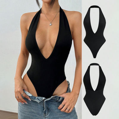 Black Halter Deep V Neck Bodysuit