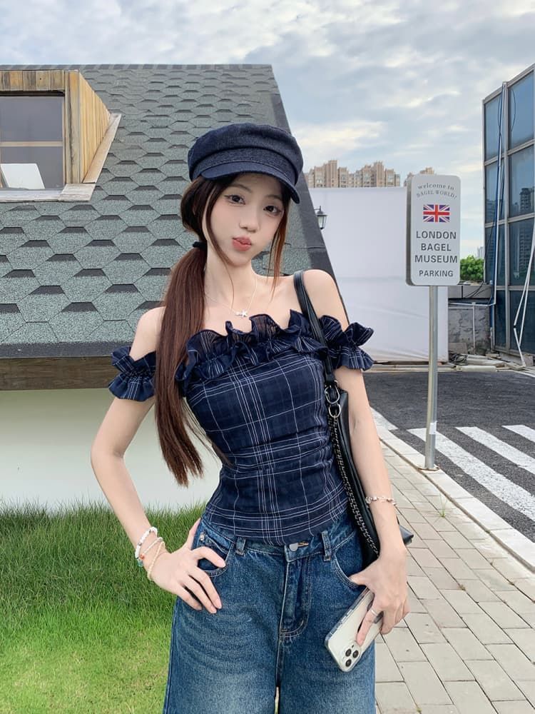 French Off-shoulder Crop Top