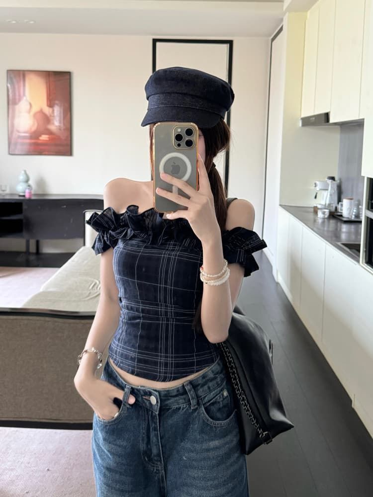 French Off-shoulder Crop Top