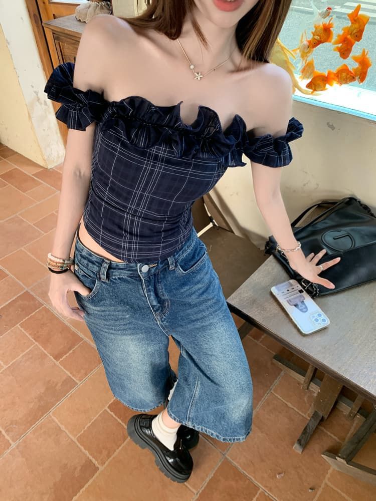 French Off-shoulder Crop Top