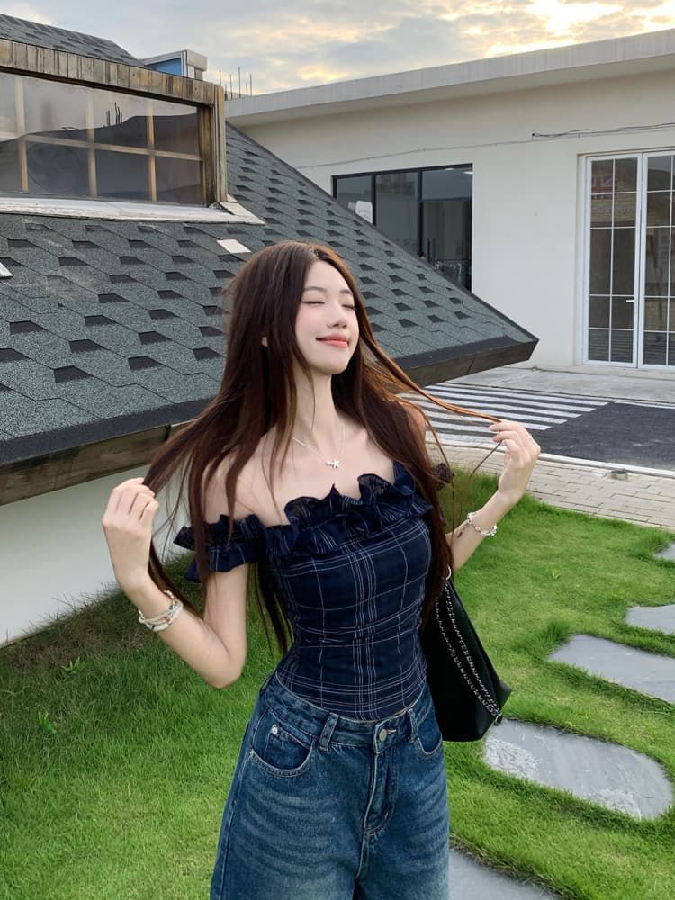 French Off-shoulder Crop Top