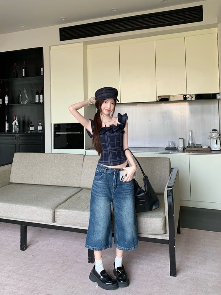 French Off-shoulder Crop Top