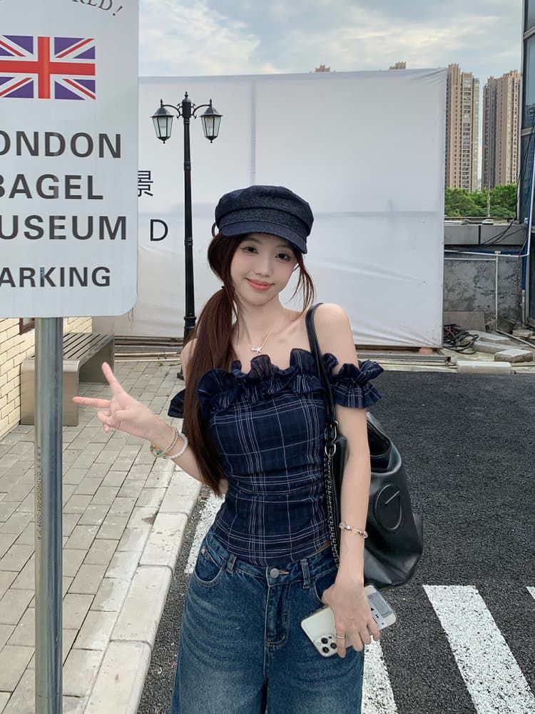French Off-shoulder Crop Top