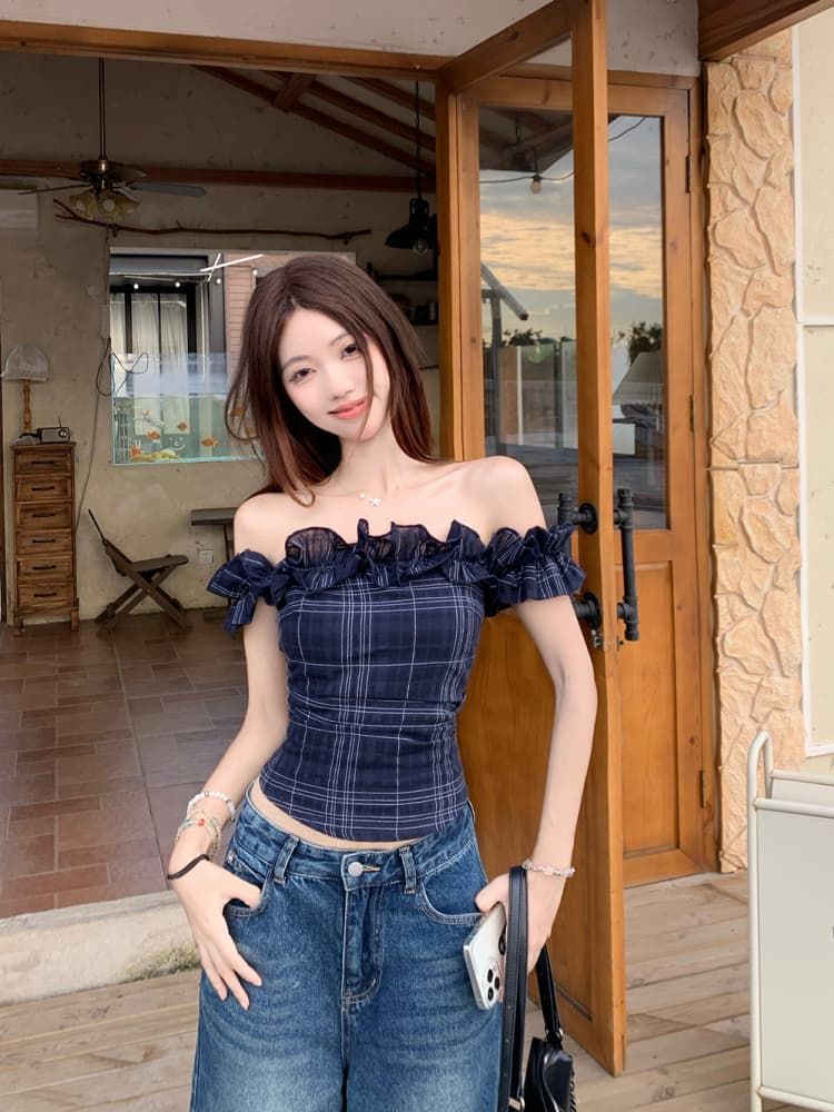 French Off-shoulder Crop Top