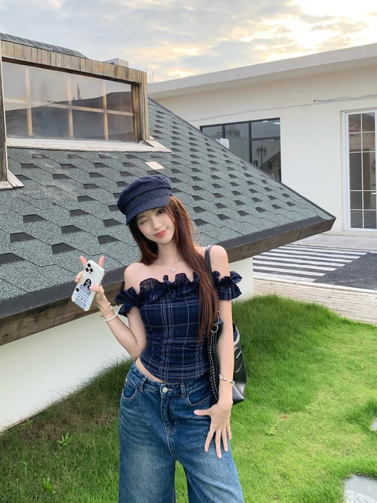 French Off-shoulder Crop Top