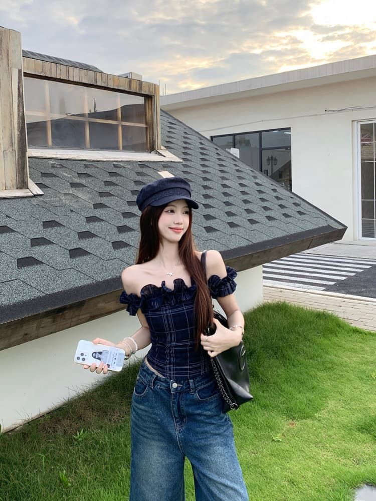 French Off-shoulder Crop Top