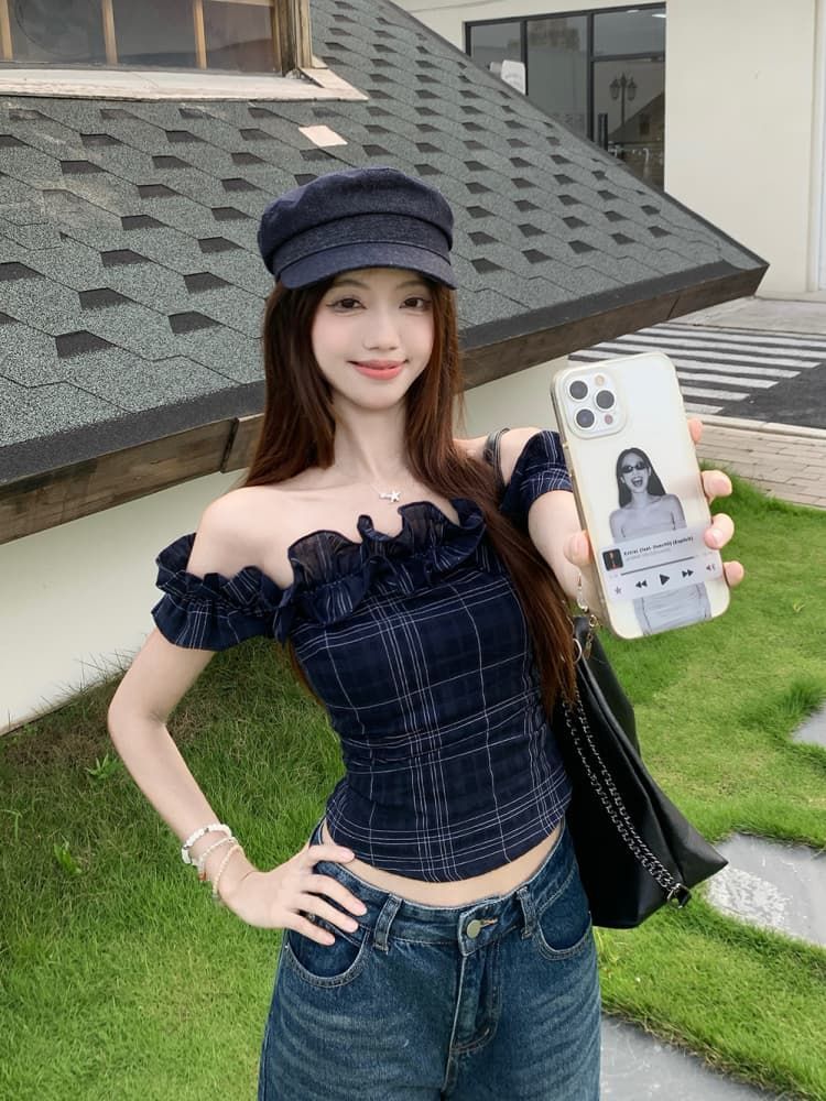 French Off-shoulder Crop Top
