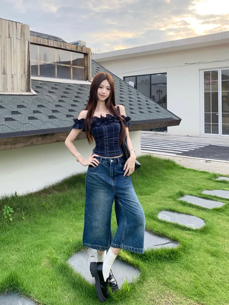 French Off-shoulder Crop Top
