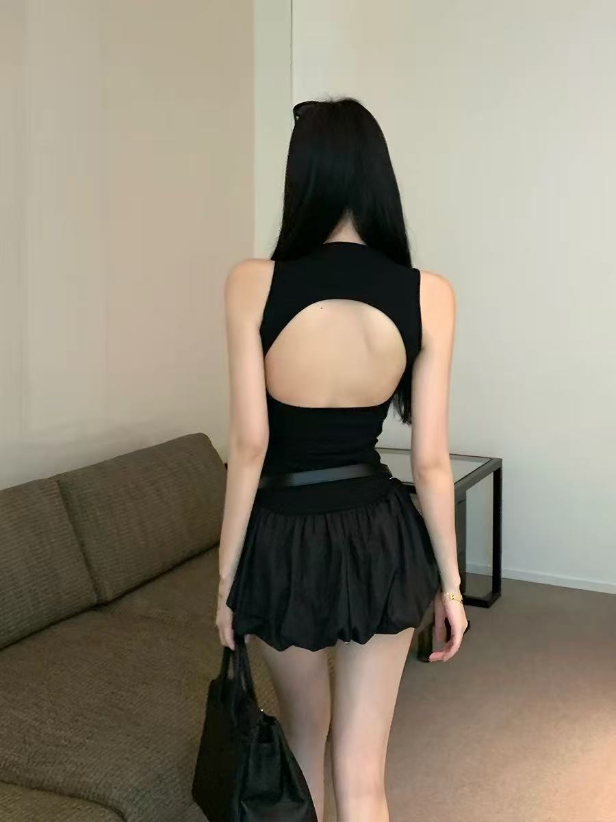 Black Backless Puff Mini Dress