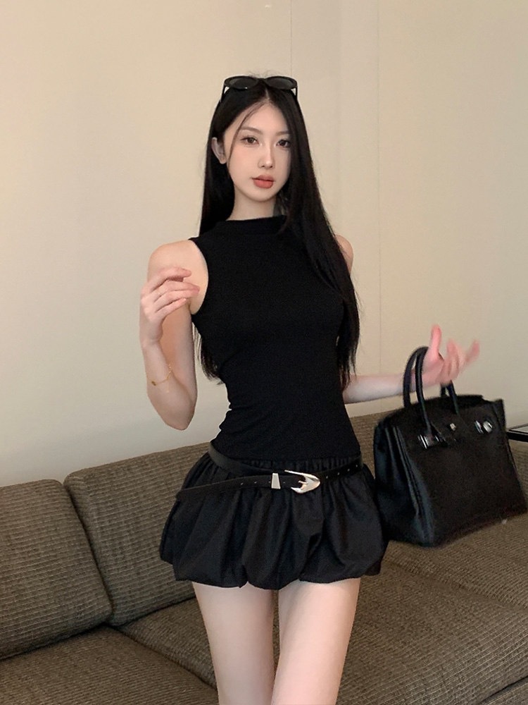 Black Backless Puff Mini Dress