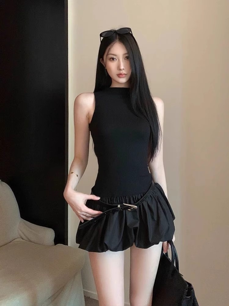Black Backless Puff Mini Dress