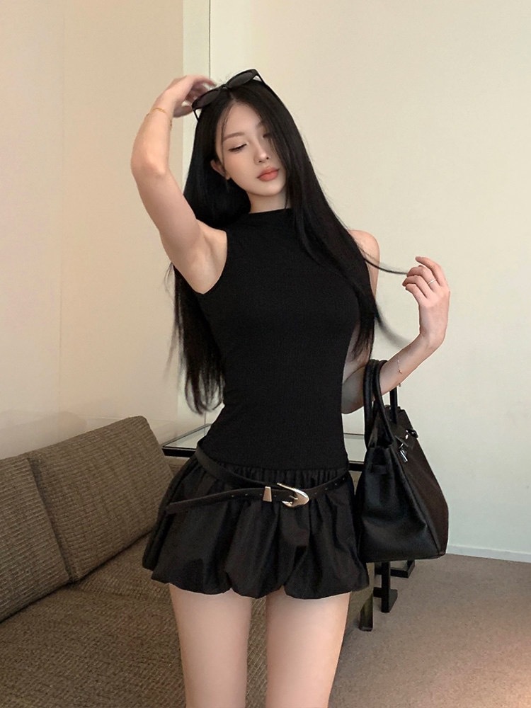 Black Backless Puff Mini Dress