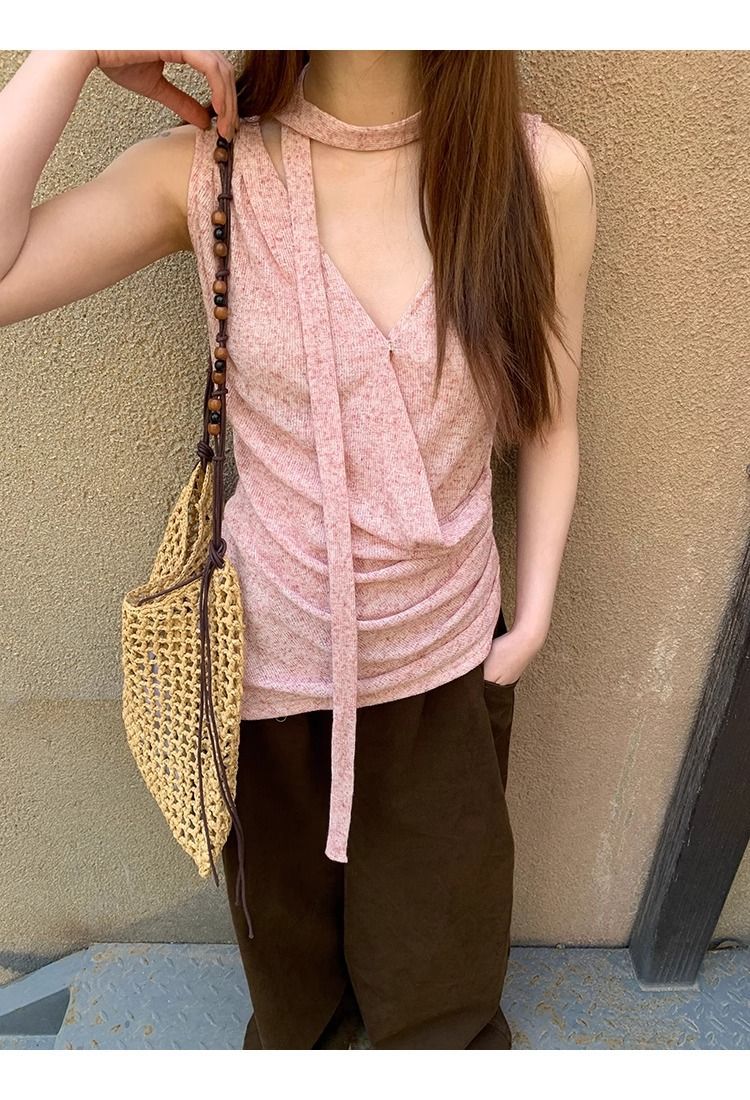 Pink Halter V-Neck Sleeveless Tank Top