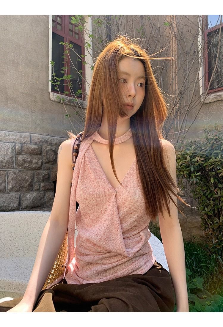 Pink Halter V-Neck Sleeveless Tank Top