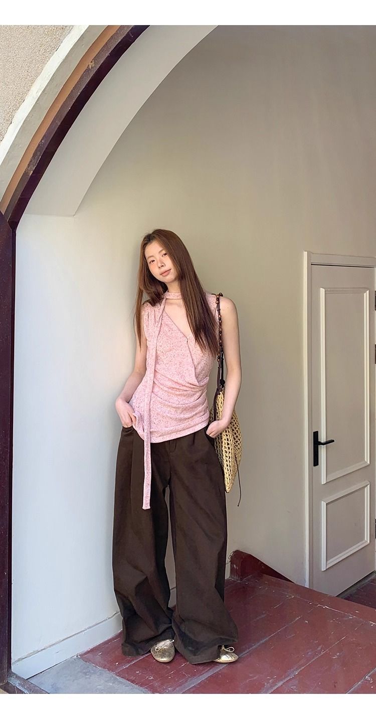 Pink Halter V-Neck Sleeveless Tank Top