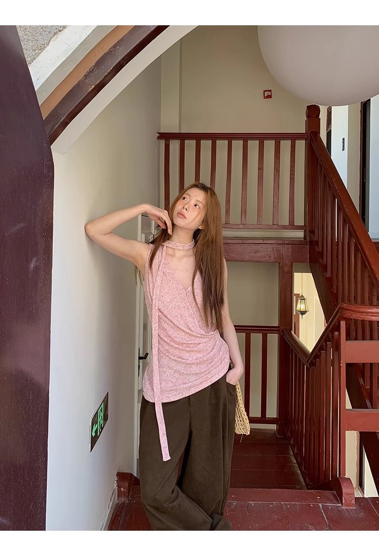 Pink Halter V-Neck Sleeveless Tank Top
