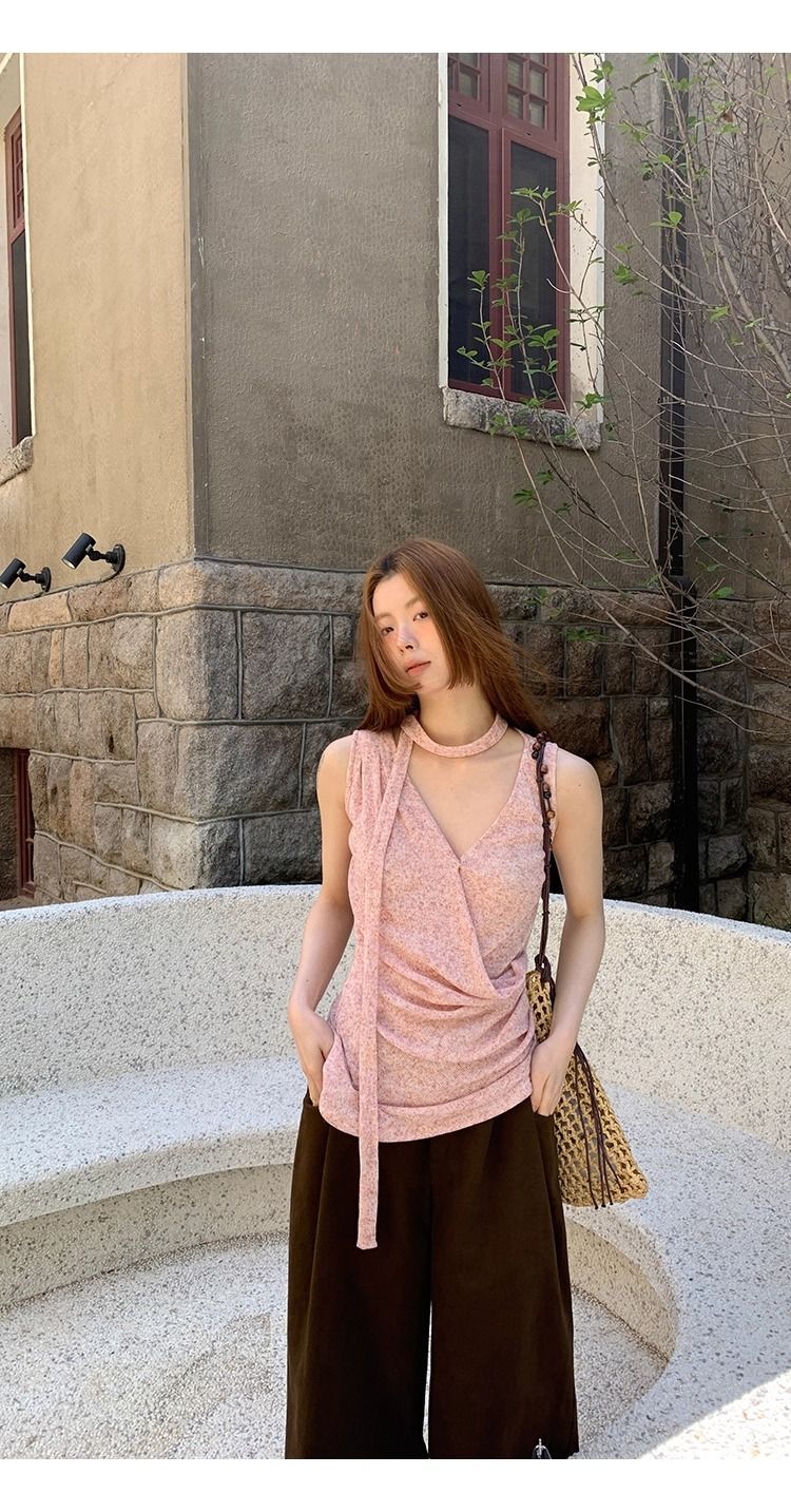 Pink Halter V-Neck Sleeveless Tank Top