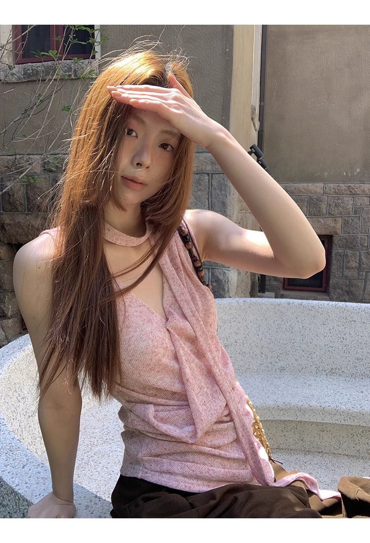Pink Halter V-Neck Sleeveless Tank Top
