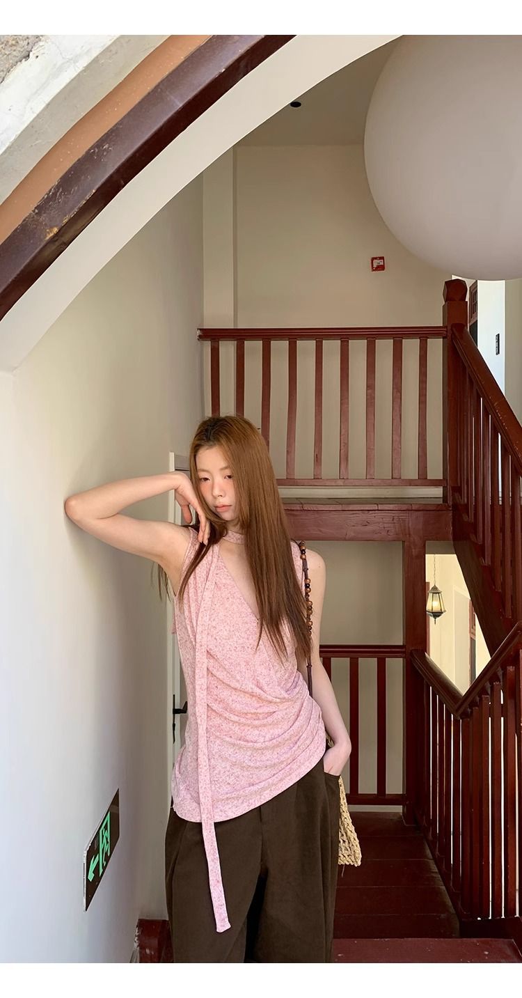 Pink Halter V-Neck Sleeveless Tank Top