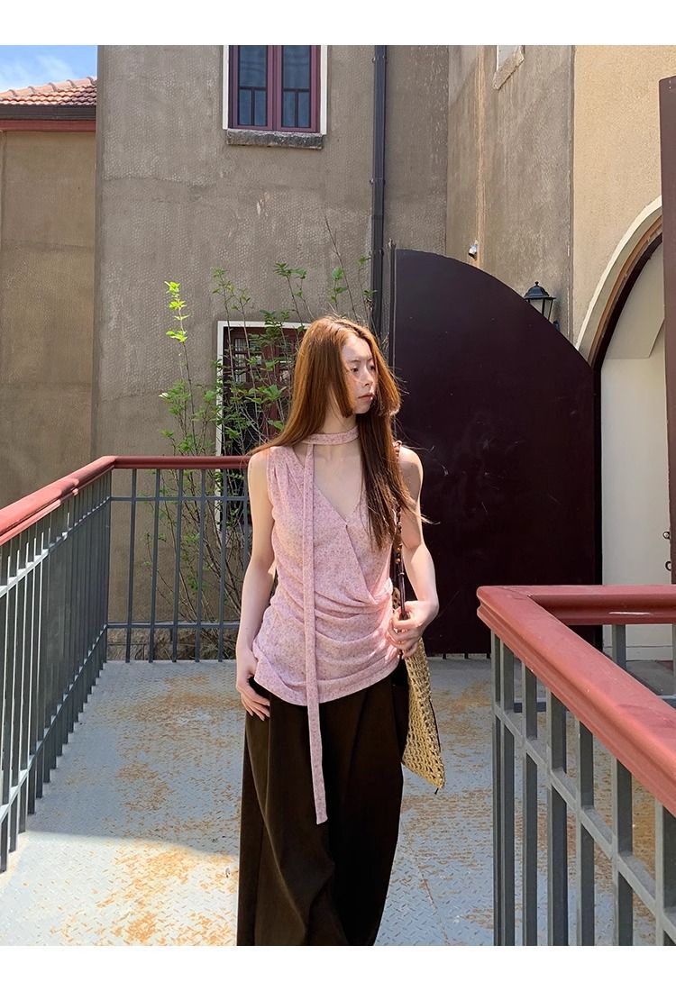 Pink Halter V-Neck Sleeveless Tank Top