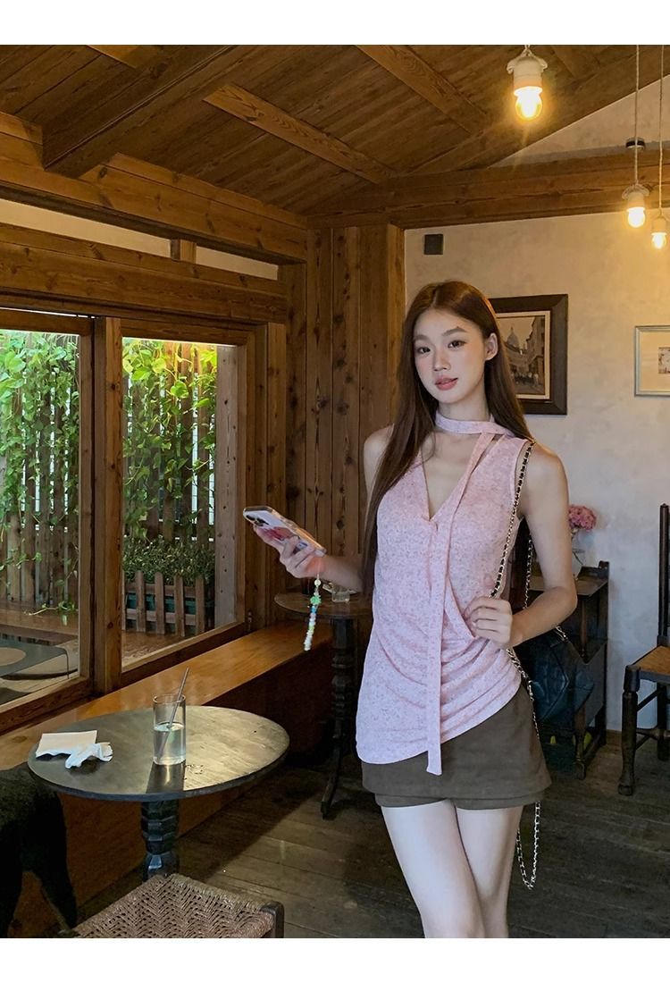 Pink Halter V-Neck Sleeveless Tank Top