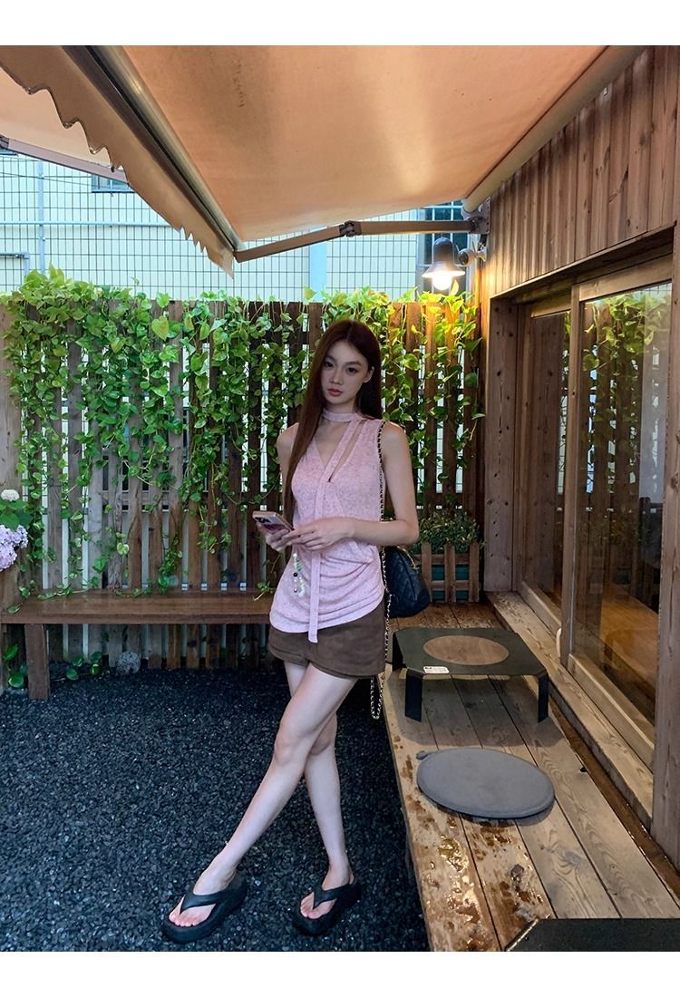 Pink Halter V-Neck Sleeveless Tank Top
