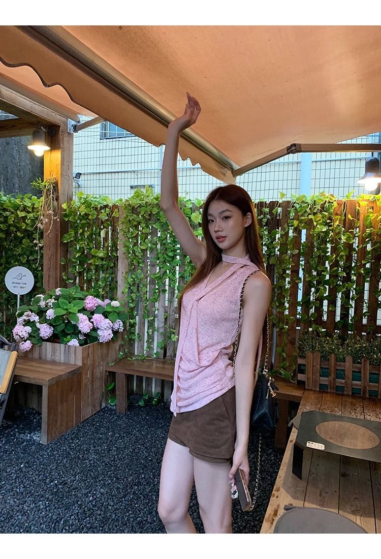 Pink Halter V-Neck Sleeveless Tank Top