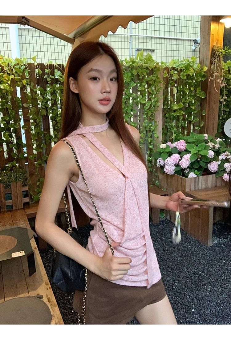 Pink Halter V-Neck Sleeveless Tank Top