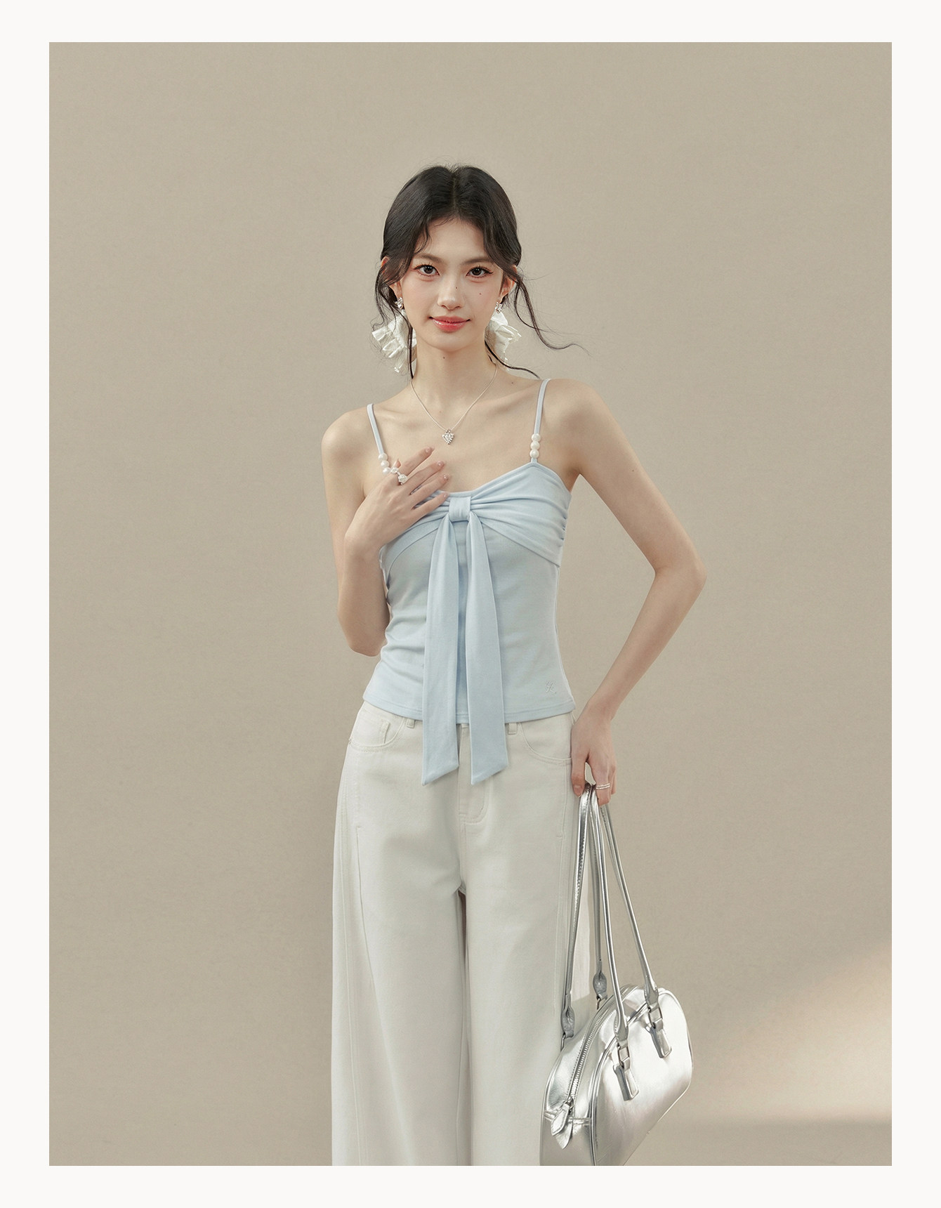 Light Blue Beaded Bow Cami Top