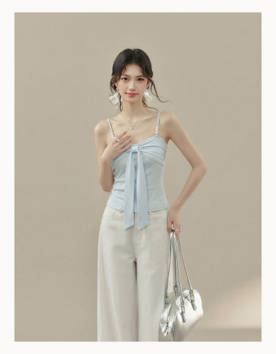 Light Blue Beaded Bow Cami Top