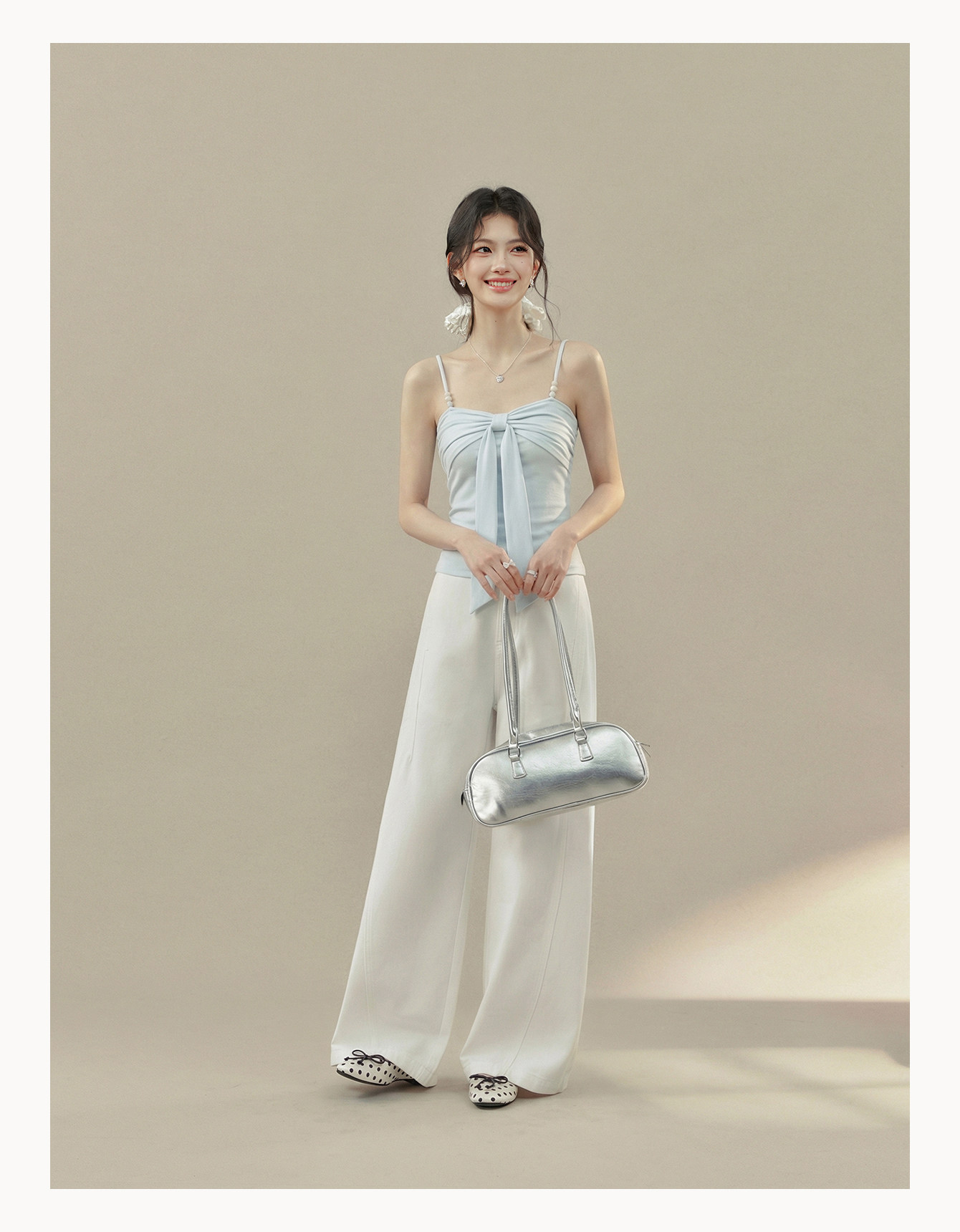 Light Blue Beaded Bow Cami Top